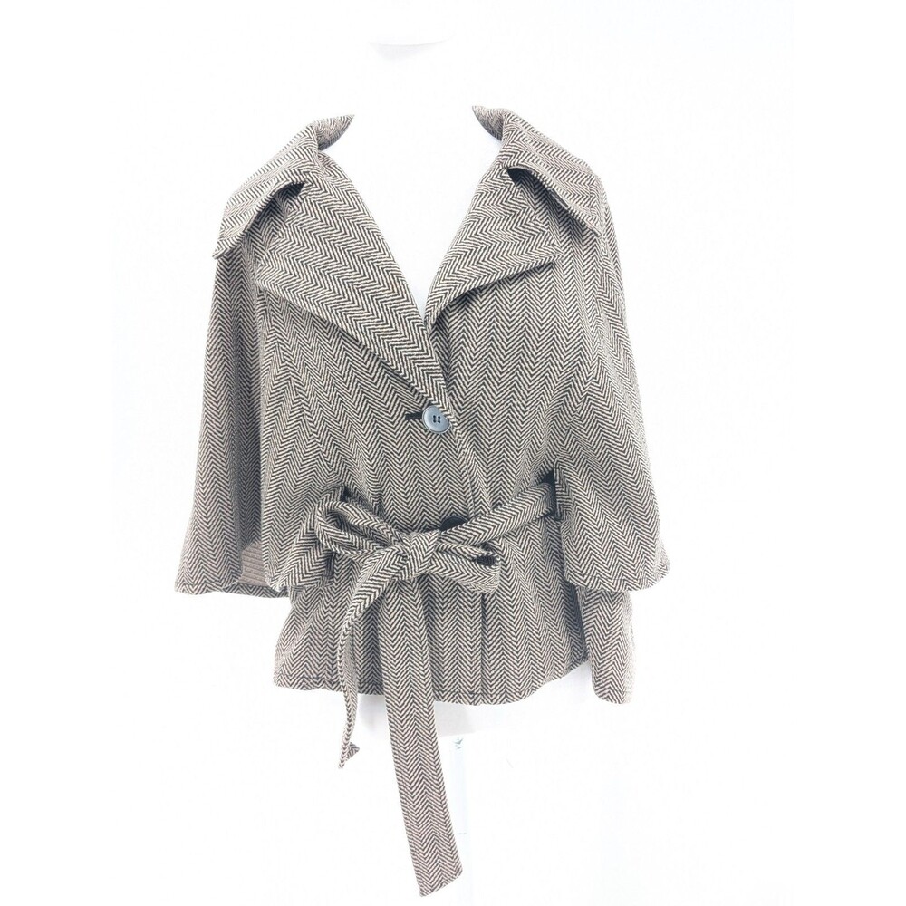 Nine West Tan Camel Brown Herringbone Collared Blazer Jacket Cape Size 16 - Picture 10 of 11